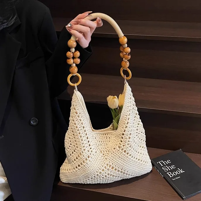 

New Chinese Sle Large Capaci Women's Handbag Woven Bag Beach Vaion Knitted Bag Wood Bead Tote Bag Spring 2025 Trend
