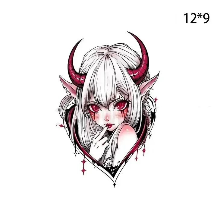 

Gothic Girl Temporary Tattoos for Woman Man Cartoon Red Bull Horn Devil Durable Waterproof Fake Tattoo Sticker Body Art Tattoo