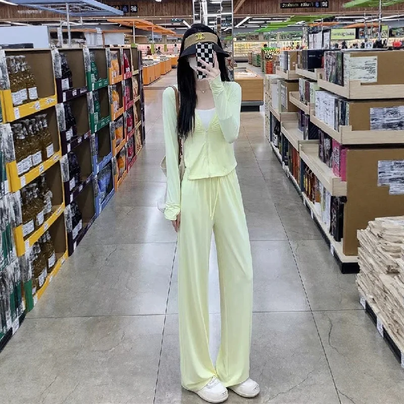 Women 2-Piece Sun Protection Outfit, Waist Slimming UV Protection Sun Shirt & High Waist Figure-flattering Wide Leg Pants, Casua