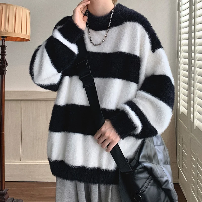 

Мужской вязаный свитер оверсайз с круглым вырезом, в полоску, из полиэстера, для зимы, повседневный, свободного кроя