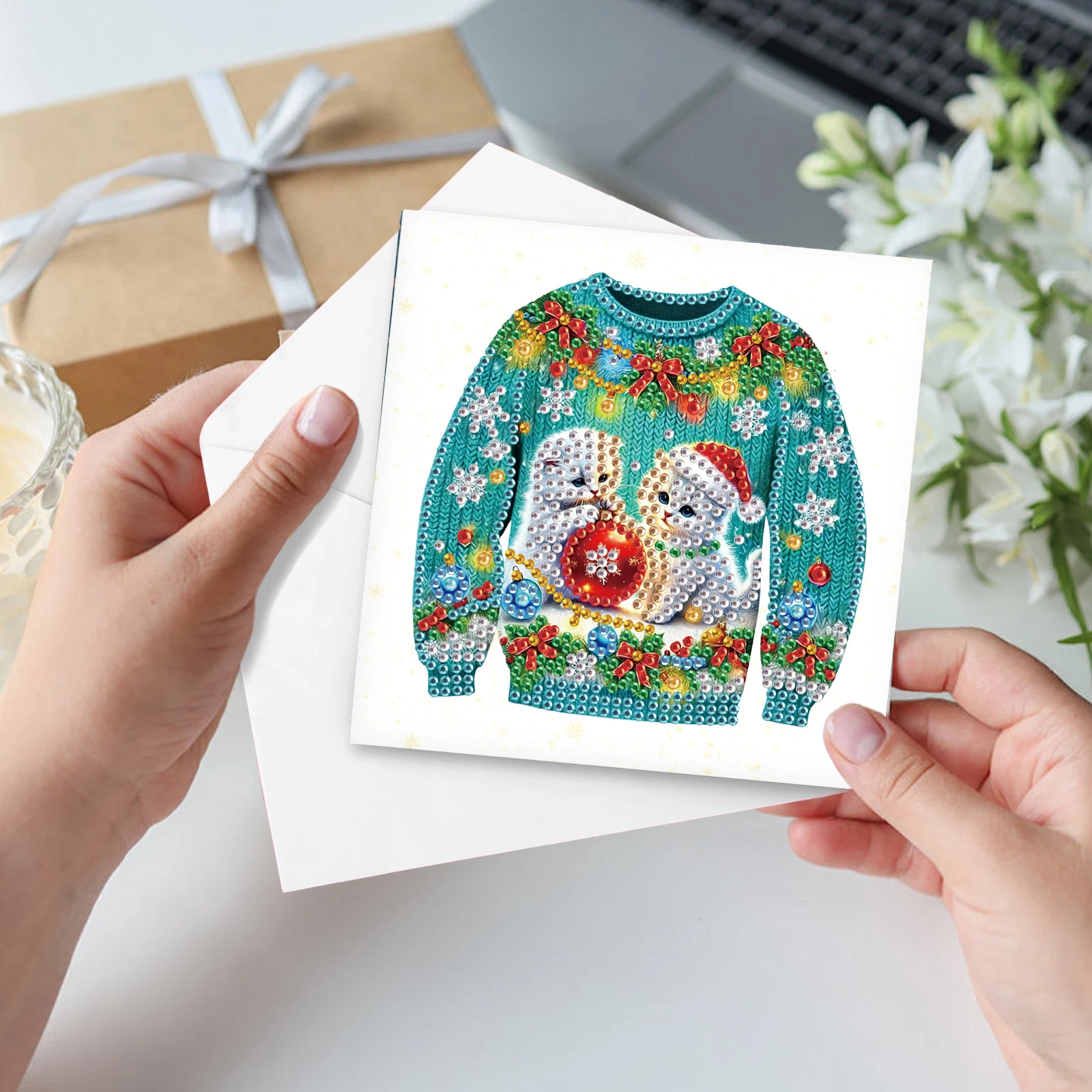 6Pcs Diamond Art Painting Greeting Cards Kit,Christmas sweaterl Handmade Festival Greeting Diamond Birthday Creative Cards Gifts - view 5