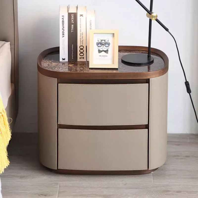 Italian minimalist rock slab saddle leather bedside table modern oval sofa side several bedrooms storage bedside table