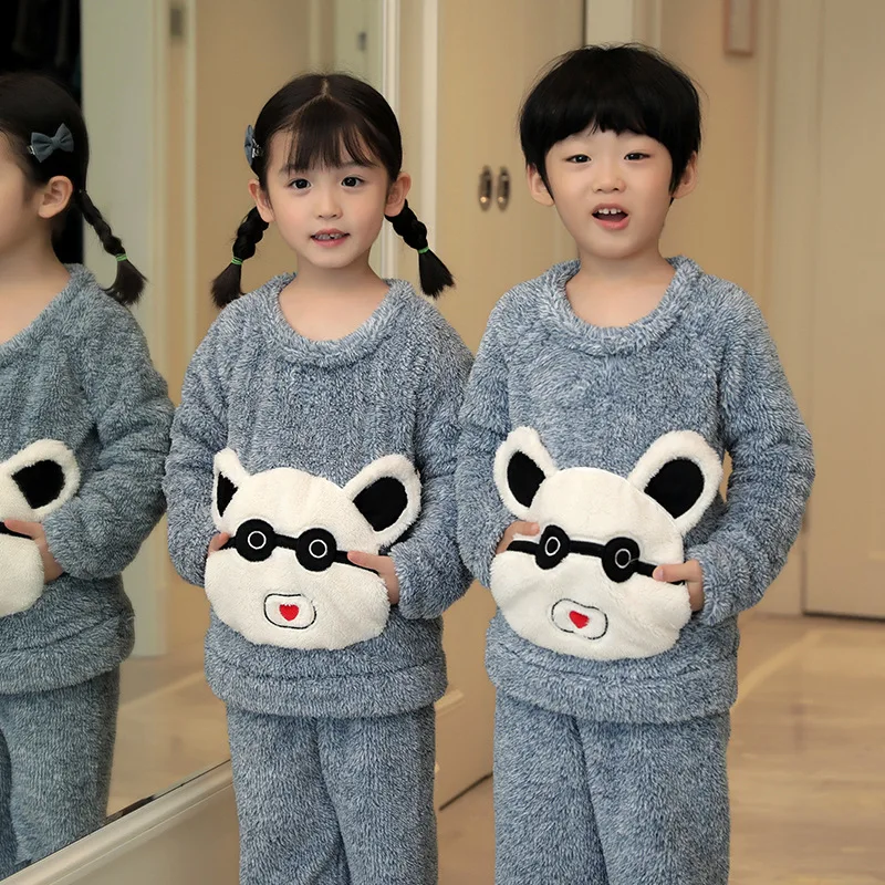 Autumn Winter Plush Pajamas for Children Cartoon Cute Pajama Set Boy Girl Warm Home Clothes Coral Fleece Two Piece Pajamas