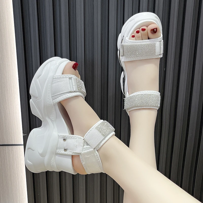 2024 Summer High Platform Women Sandals Buckle 10CM Wedges Bling Shoes Fashion Outside Chunky Sandals Beach Casual Slides Woman