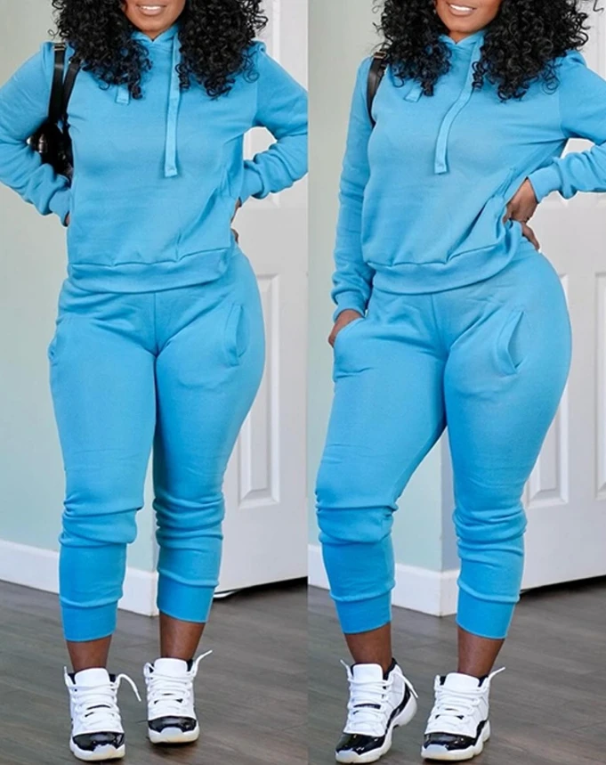 Eelegant Two Piece Set for Woman Outfits Autumn Winter Casual Drawstring Hooded Sweatshirt Pocket Flared Sweatpants Pants Set