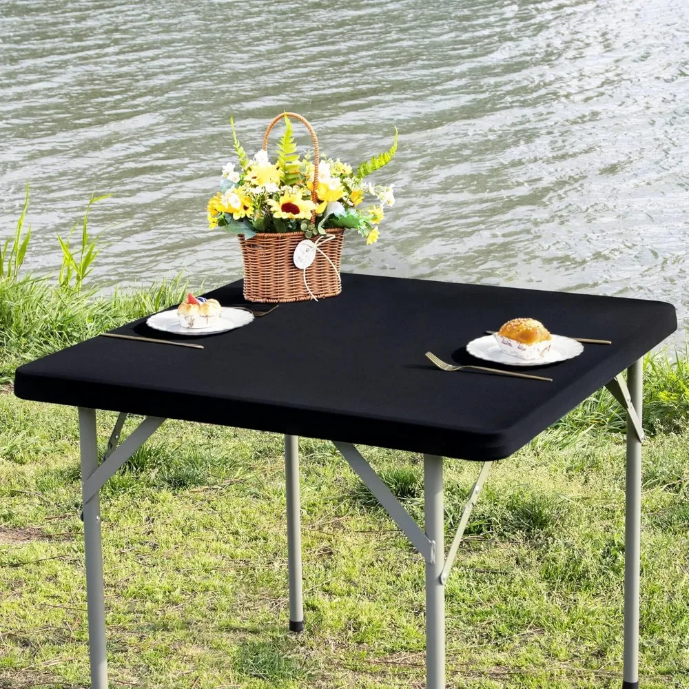 

Square Fitted Table Cover Elastic Tablecloth Stretch Spandex Tables Top Cover Table Topper Cap for Dining Kitchen Home Party Bla