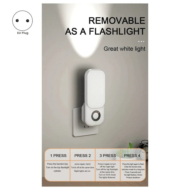 LED Induction Night Light Intelligent Wireless Plug-In Aisle Corridor Night Bedroom Night Light With Flashlight EU-PLUG