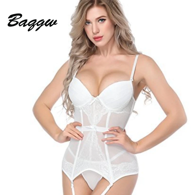 European Clothing Sexy Women Corset+Briefs Solid Color See Through Spaghetti Strap Push Up Backless Slim Fit Hot Erotic Lingerie