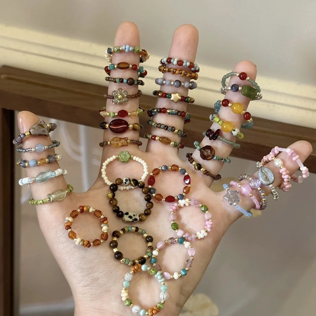 Color Crystal Beaded Ring Design Premium Finger Ring Light Luxury Temperament Versatile Ring Accessories