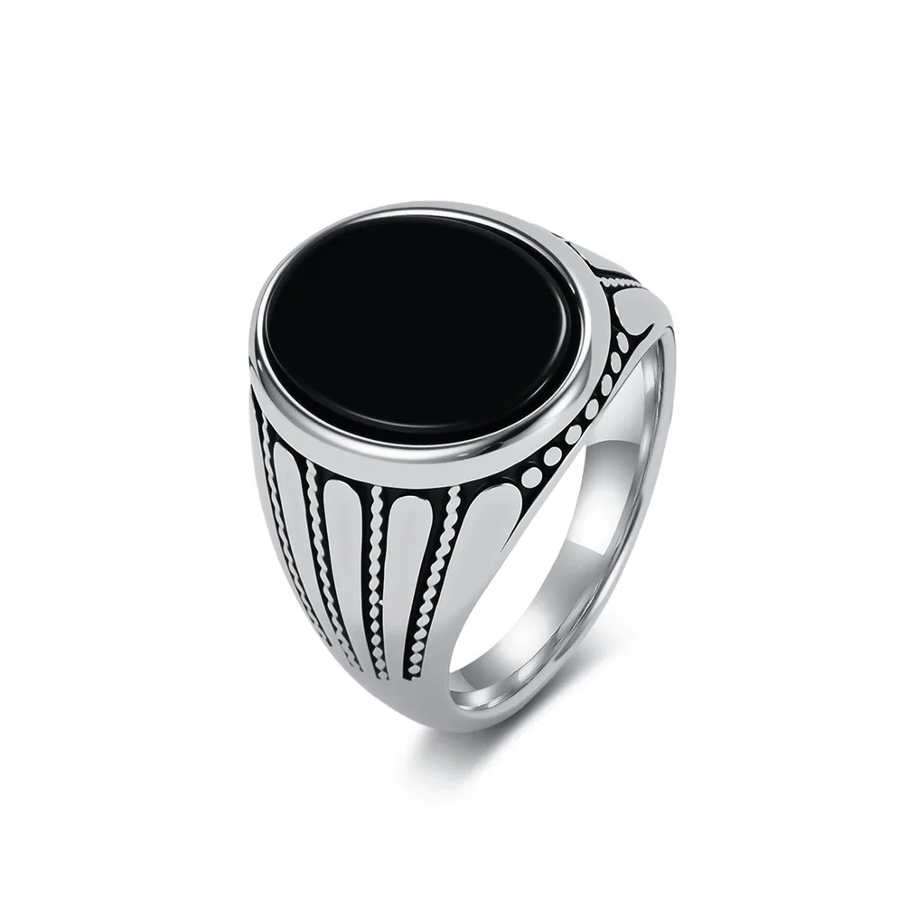 Minimalistischer Cooler Vintage Schwarzer Steinring für Männer Retro Ehering Europäisch-Amerikanischer Street-Style Edelstahl-Schmuck