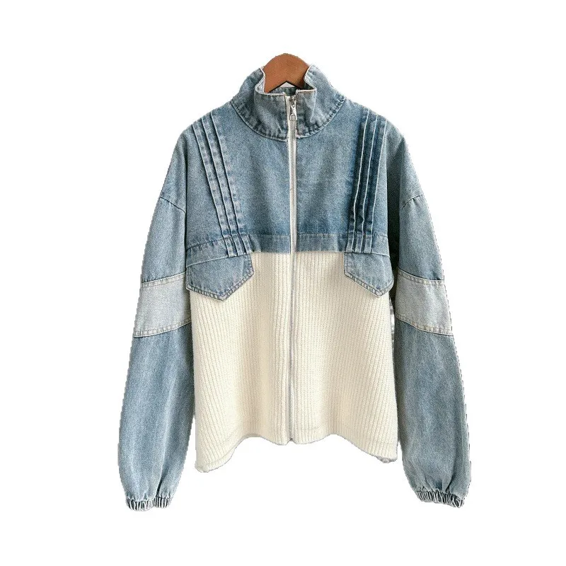 Veste pull épissé en denim pour femmes, nouveau design décontracté d'automne et d'hiver, pull haut cardigan tricoté de niche