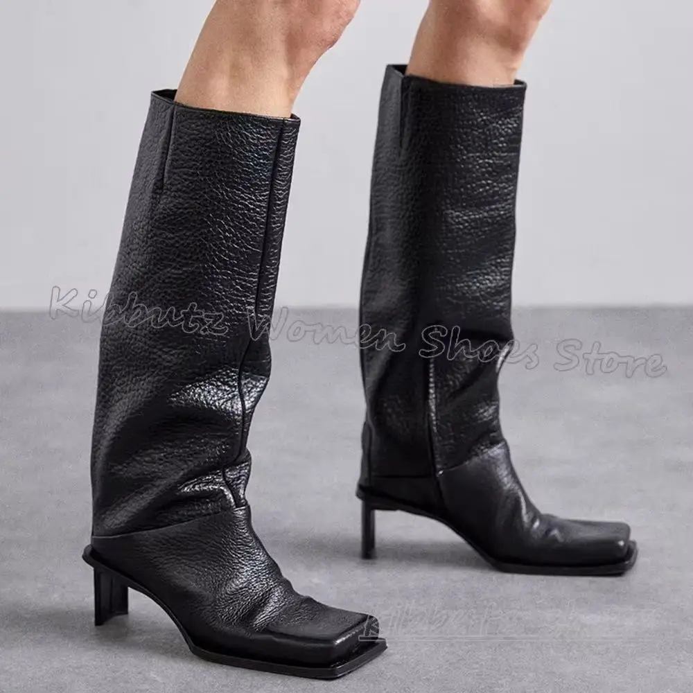 

Knee High Boots Leather Solid Color Slip-On Square Toe Chunky Heels Fashion Luxury Elegant Concise Sexy Novelty Women Shoes New