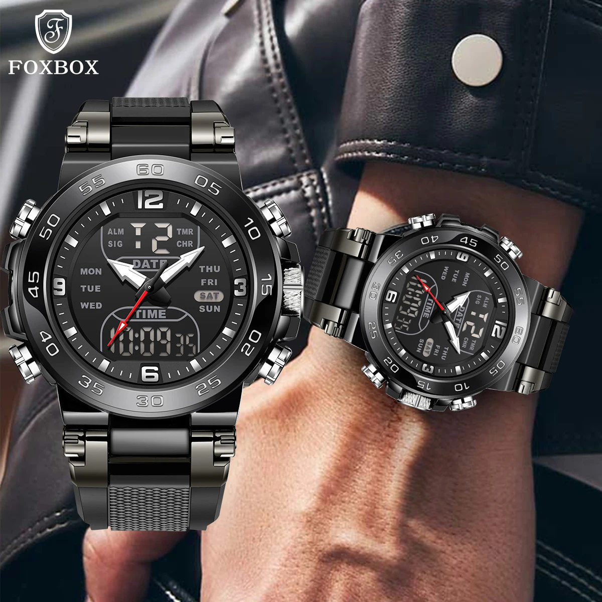 

Foxbox Watches Sport LED Light Alarm Clock Dual Time Display Waterproof Alarm Clock Luminous Watch Auto Date Wristwatches Quartz