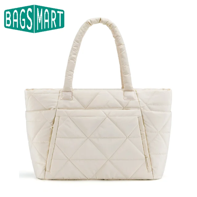 BAGSMART Puffy Tote Bag Duża pikowana torba na ramię z przegródkami do podróży Praca Siłownia Wyściełana bawełną torebka pod pachami w kratę