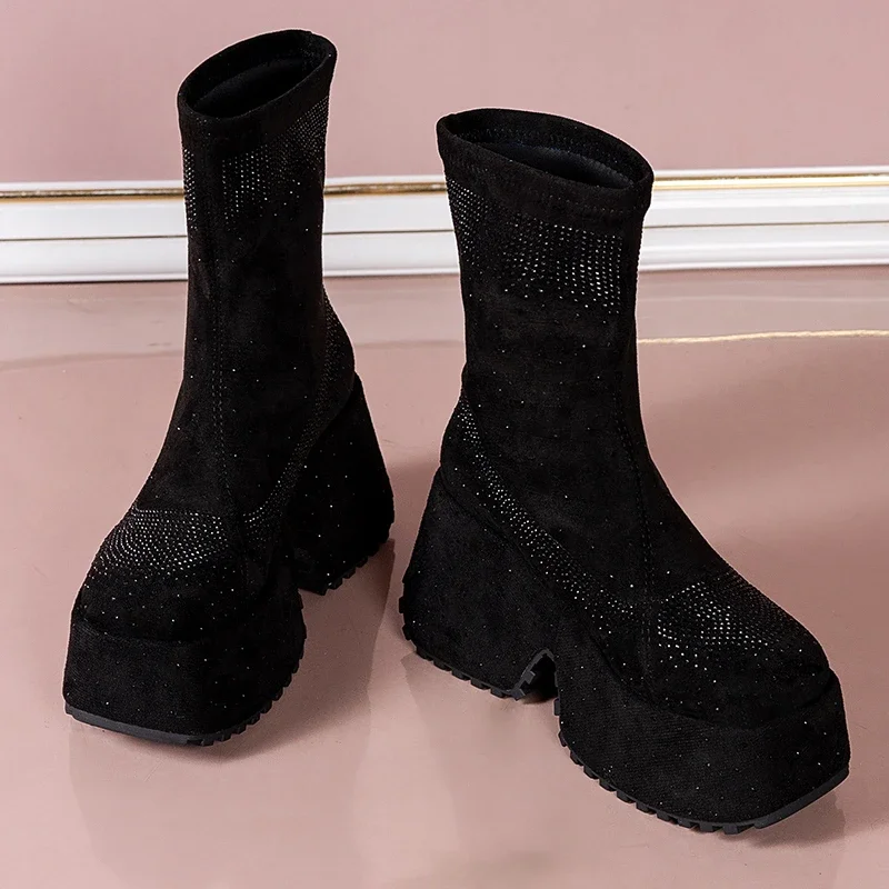 Stivaletti con strass elasticizzati di alta qualità donna autunno inverno stile moda con suola spessa stivali comodi scarpe Casual da festa