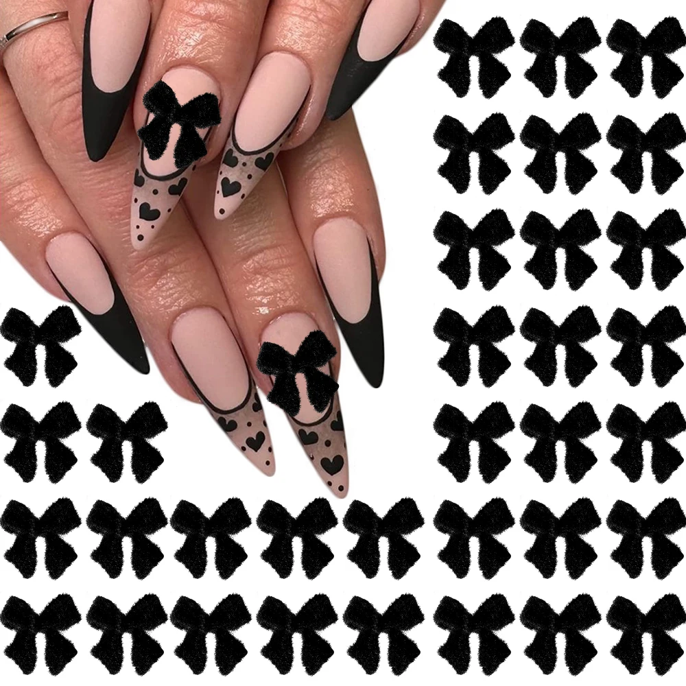 50 Piezas de Adornos de Uñas con Lazo de Terciopelo Negro, Lindos Adornos de Resina con Lazo Esponjoso y Diamantes de Imitación para Decoración de Uñas de Invierno, Suministros de Manicura
