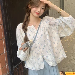 Loose Cute Sweet Tops Blouses New 2023 Women Thin Transparent Casual Japan Preppy Style Floral Print Retro Vintage Button Shirts