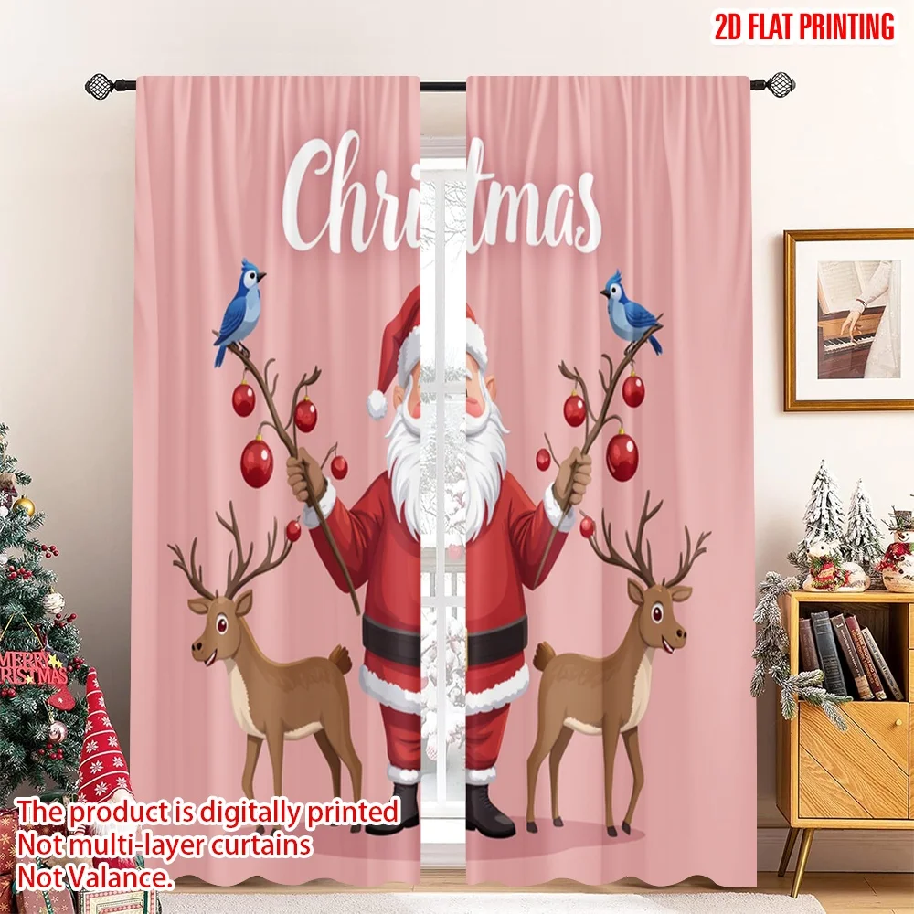 

2pcs 2D flat printing Christmas Scene Curtain Christmas Santa Reindeer Snow 100% Polyester Fabric Without Electricity Family