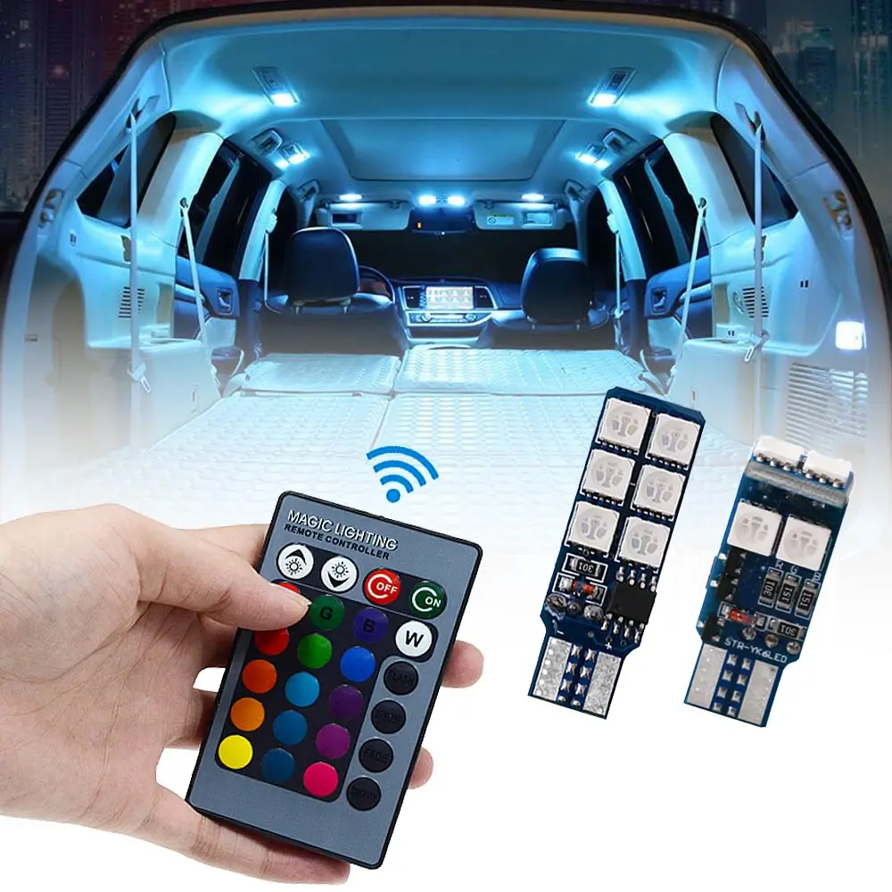 2PCS Auto Interior Decoration Lamp T10 W5W 5050 Atmosphere Car Light RGB 12 LED With Remote Controller Colorful Reading Blub 12V