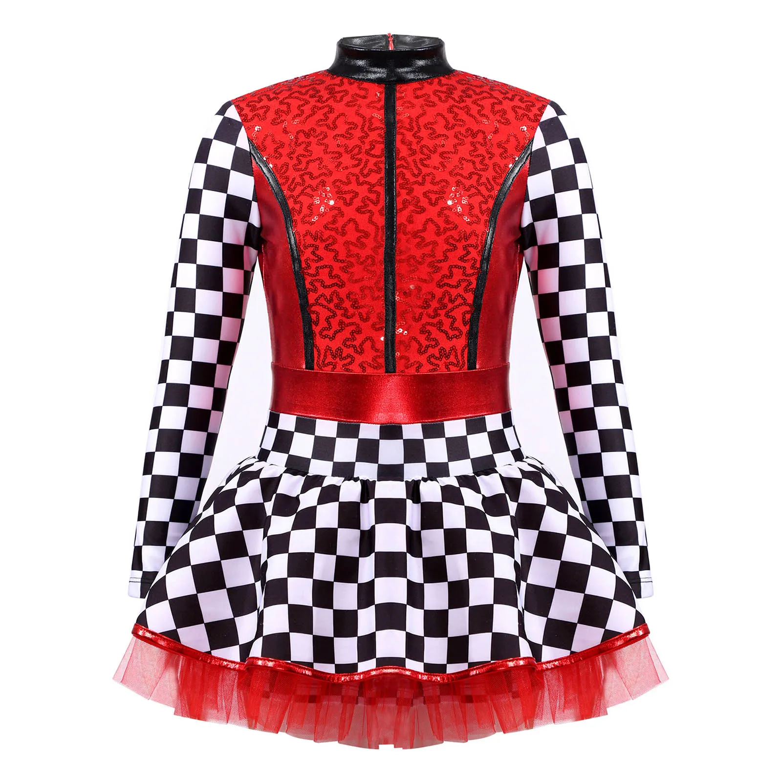 Kids Girls Racer Racing Driver Costume Halloween Carnival Party Cosplay Tutu Dress Shiny Sequins Checkerboard Printed Jumpsuit