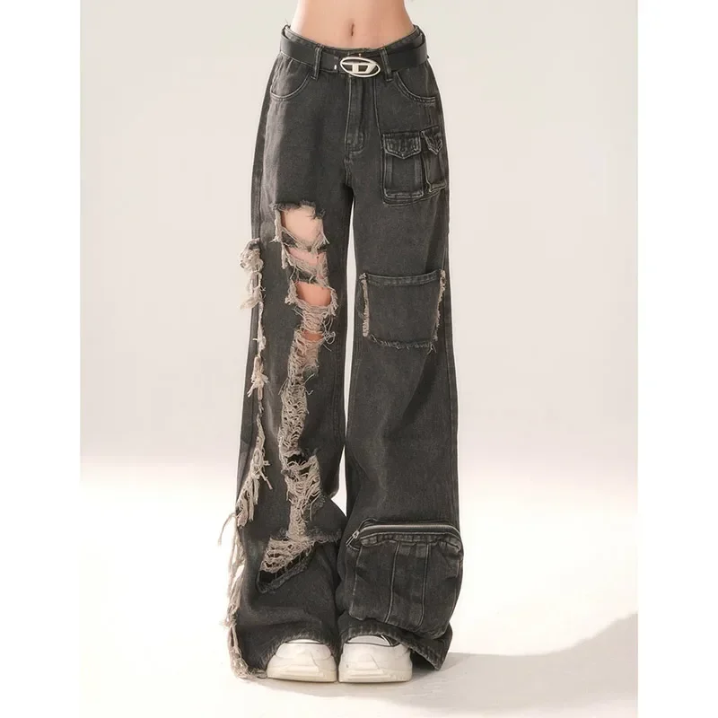 

High Waist Ripped Black Jeans for Women, Hip-hop Style, Vintage Streetwear, Wide Leg, Baggy Denim Pants, Fashion Trouser, Y2K,20