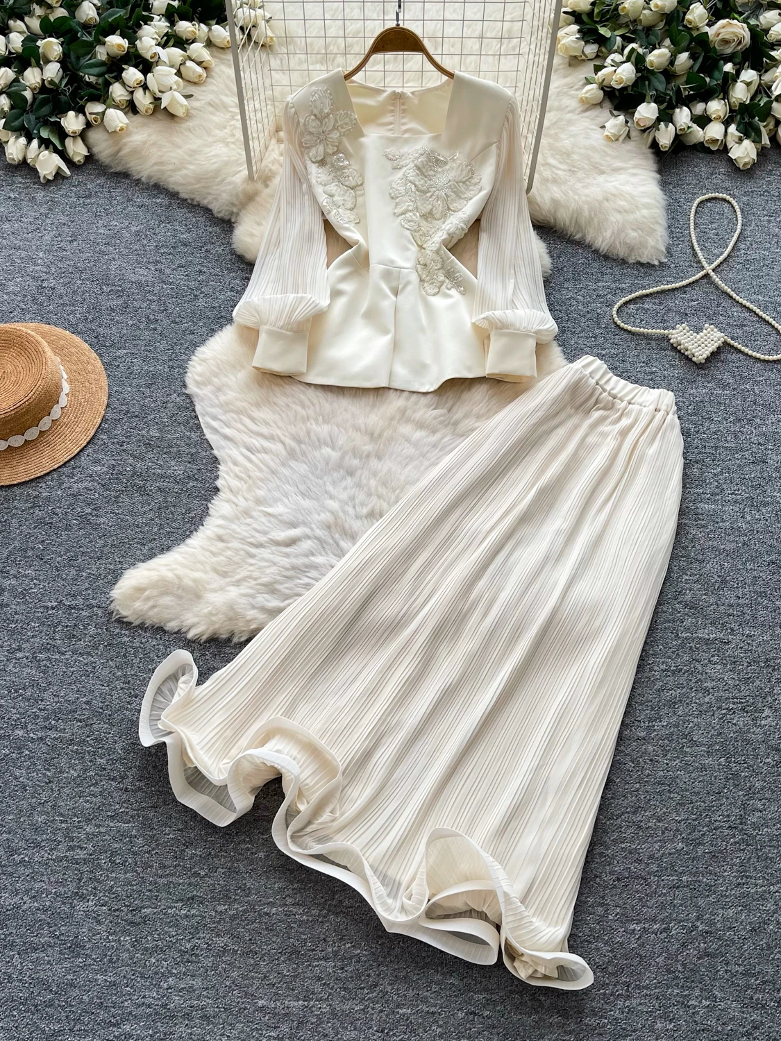 Elegant Embroidered V-Neck Jacket High Waist  Skirt Set Women's Fashion Autumn Outfit Gentle Wind Two-Piece Ensemble