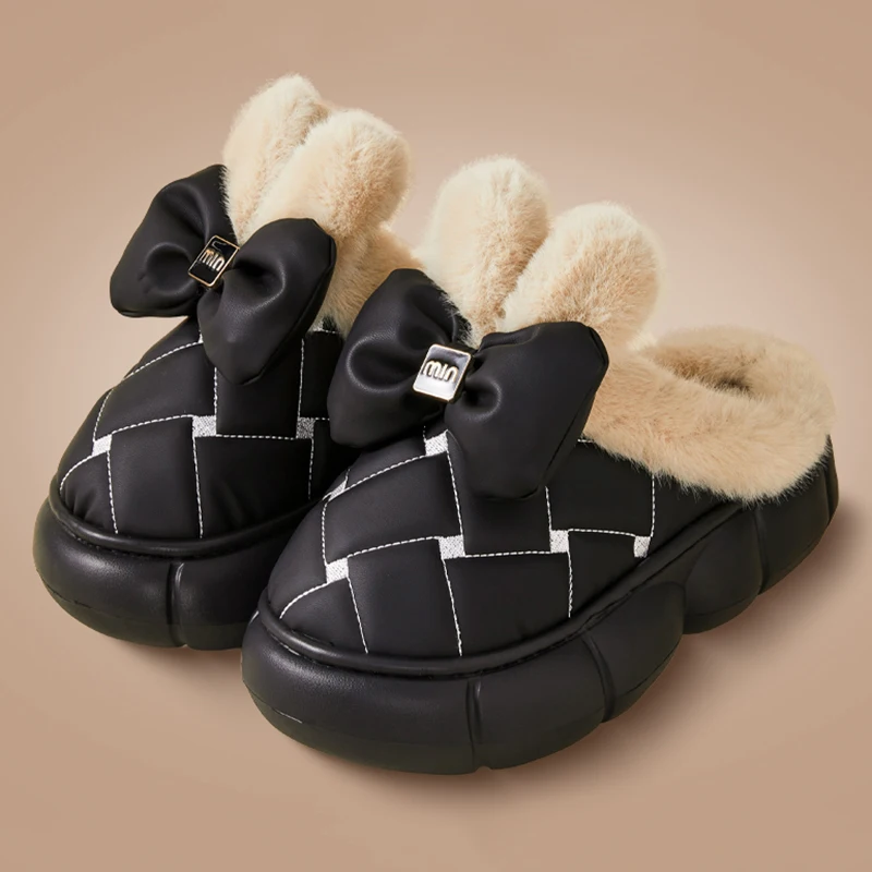 Sweet Bowknot Home Cotton Slippers Women Lovely Rabbit Ear Faux Fur House Slides Woman Comfort Soft Sole Warm Plush Shoes Ladies