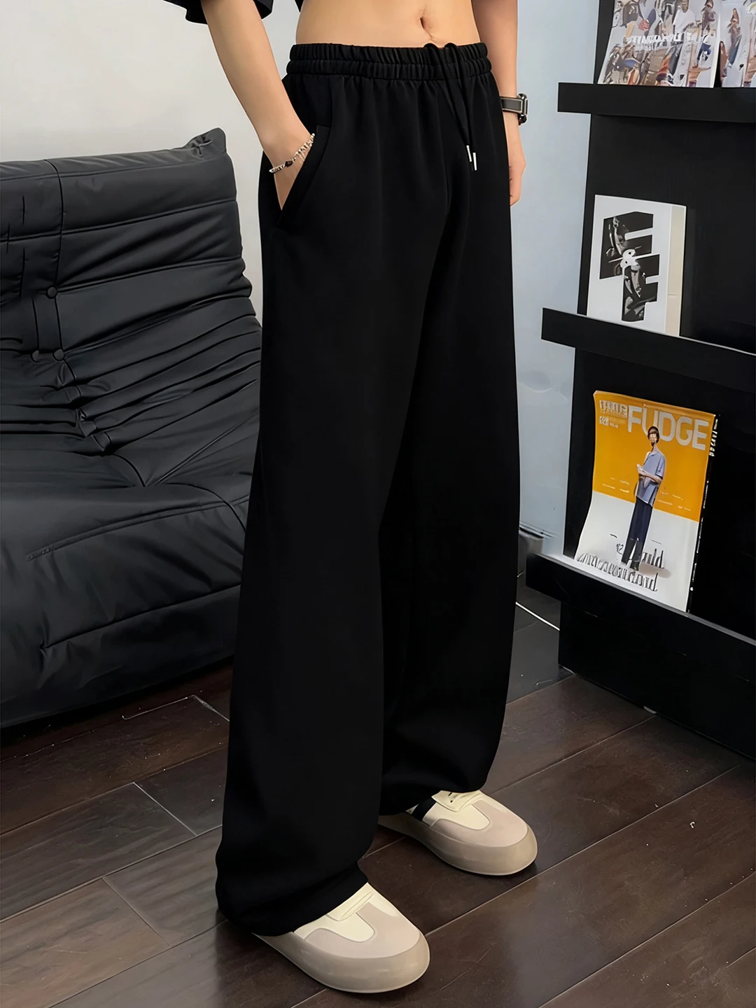 Cleanfit Men's Black Thickened Fleece Wide Leg Pants Autumn Winter Straight Cut Loose Fit Sports Trousers Casual Comfortable