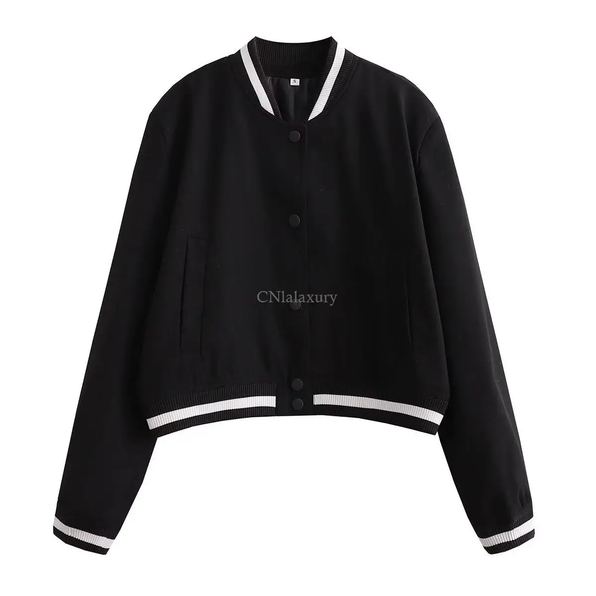 CNlalaxury Spring Women 2023 Fashion Ribbed Baseball Jacket Vintage Stand Collar Long Sleeve Pockets Female Short Coat Mujer