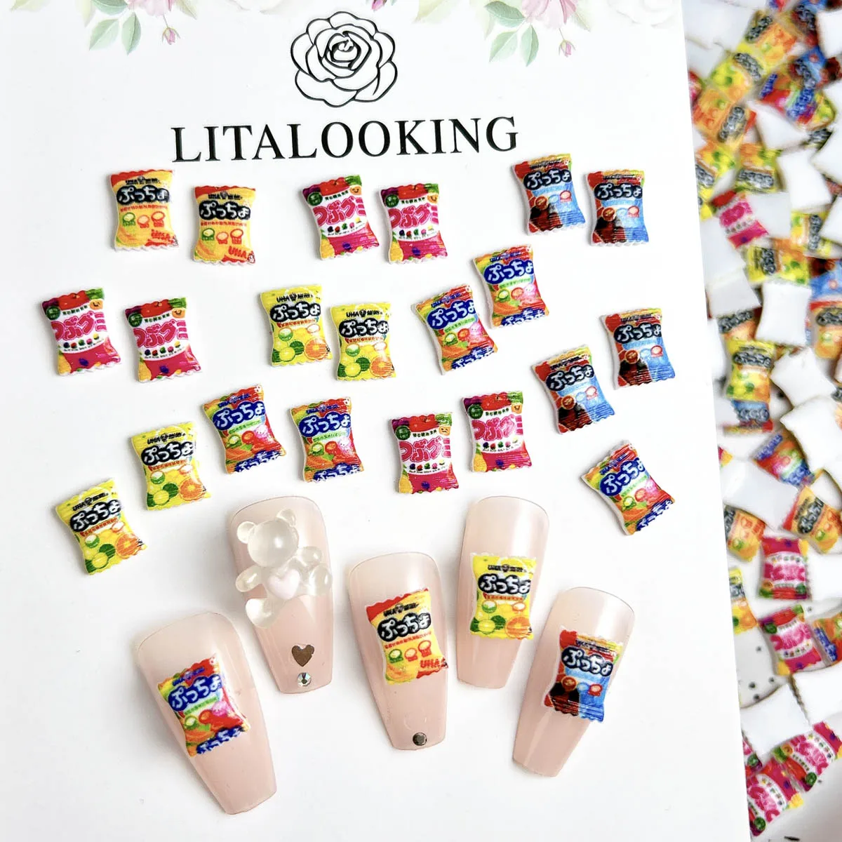 30PCS Luminous Creative Resin Candy Nail Art Decorations 3D Simulated Colorful Potato Chips Nail Charms DIY Phone Case Nail Sets