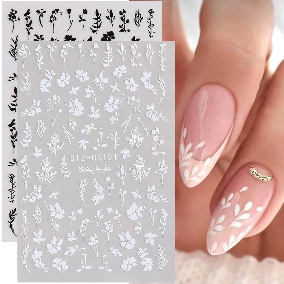 2pcs White Black Leaf Nail Art Stickers for Spring Summer Designs Charms Self Adhesive Sliders Decals Nail Decorations Foils