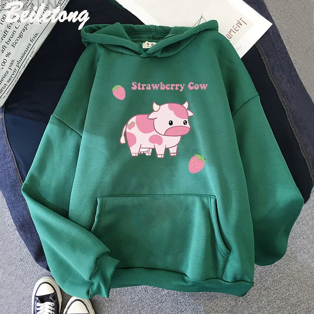 Cow And Strawberry Kawaii Women Hoodies Casual Pullover Plus Size Sweatshirt Autumn Winter Warm Girl Streetwear Clothes Tops