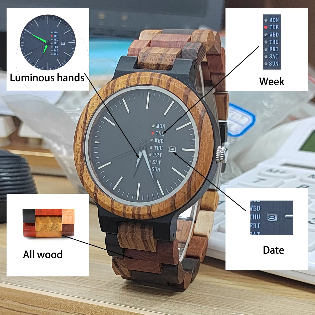 Men\'s Watch Multifunctional Wooden Quartz Wrist Watch for Men Week and Date Wood Clock Display Personalized Gift