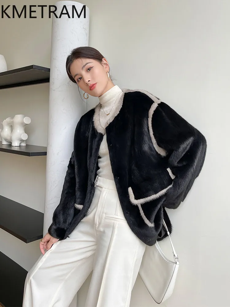 

KMETRAM Women's Velvet Mink Fur Jacket Fashion Color-Blocked Mid-Length Fur Coats Real Fur Coat Woman Winter Clothes 2026 шуба