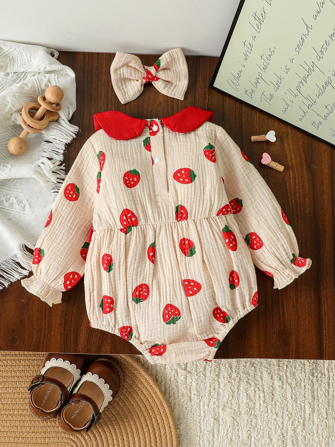 2Pcs 0-18M Lovely Baby Girls Cotton Soft Fall Romper Outfit Strawberry Print Doll Collar Long Sleeve Jumpsuit With Bow+Headband