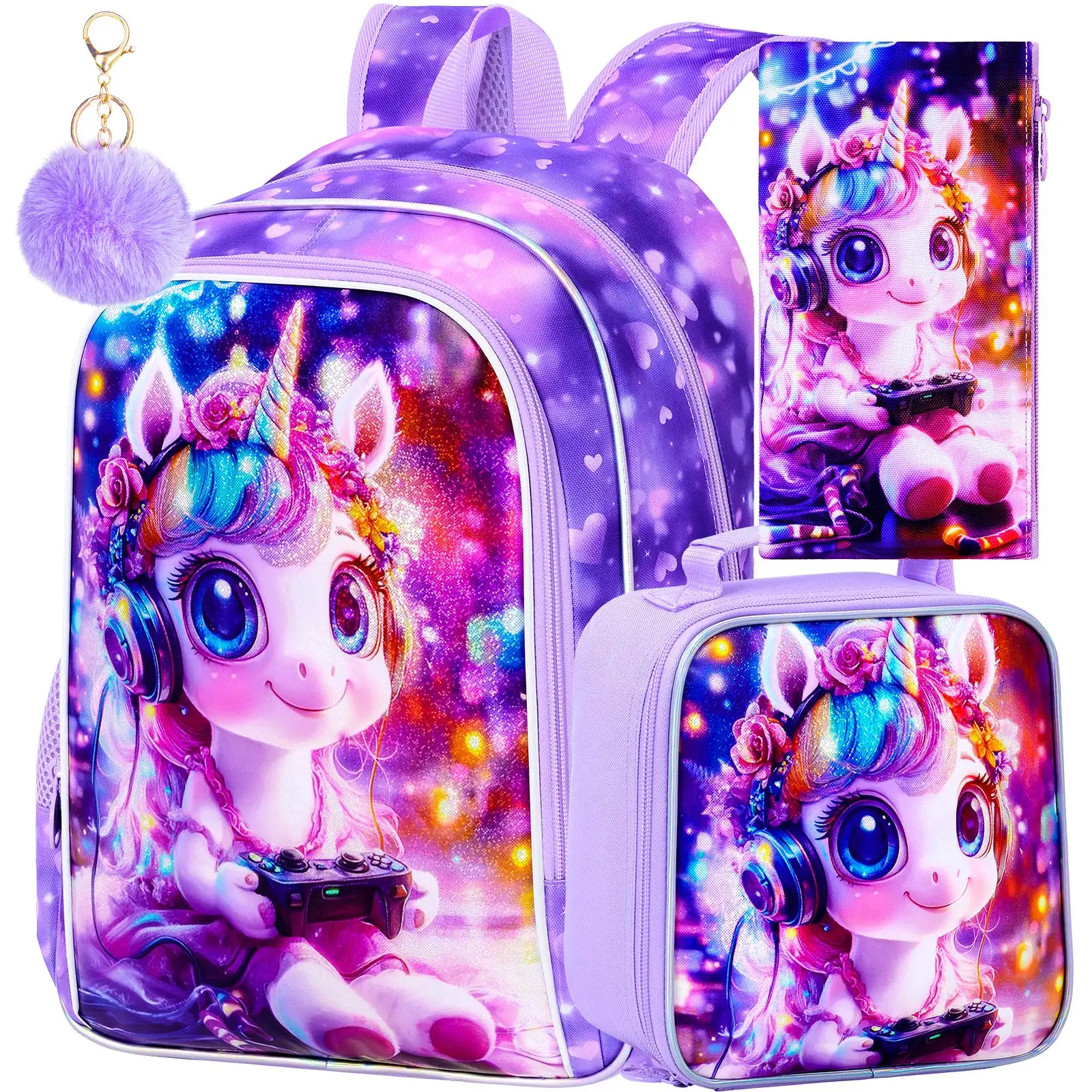 

3PCS Backpacks for Girls Cute Reflective Unicorn Bookbag for Elementary, Kids Water Resistant Backpack Set with Lunch Box
