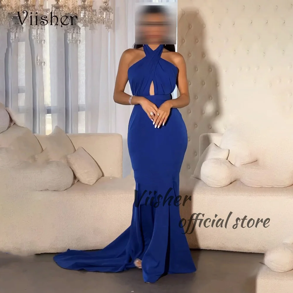 

Viisher Blue Mermaid Evening Dresses Cross Neckline Mono Satin Long Formal Dress Dubai Arabia Prom Party Gowns with Train