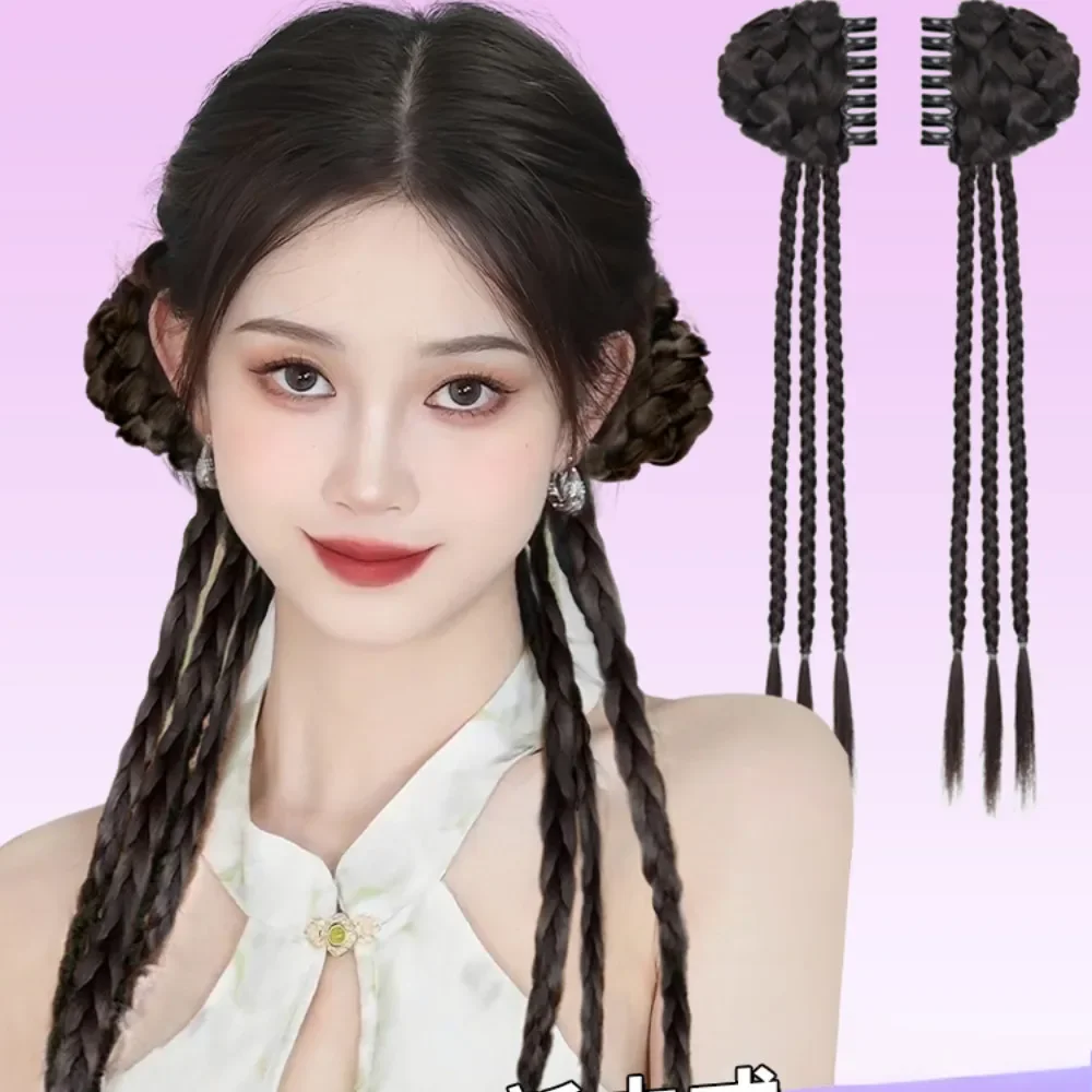 

45cm Chinese Style Synthetic Braid Clip Ball Head Double Braided Bun Wig Y2K Hot Girl Sweet Cool Ponytail Extension