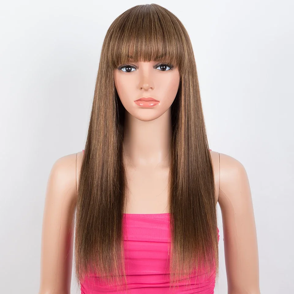 

Straight Human Hair Wigs With Bangs P4/30/27 Brown Wear To Go Peruvian 100% Remy Human Hair Wigs Full Machine Wig For Women