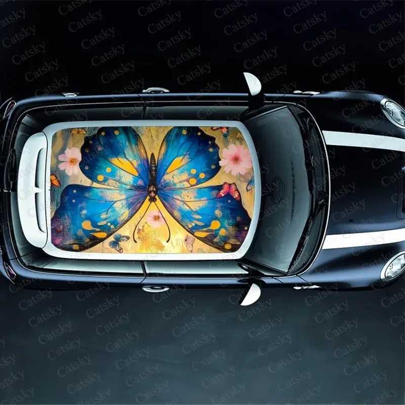 Blue Butterfly Animal Print Car Roof Sticker Wrap Racing SUV Auto Accessories Packaging PVC Car Hood Graphic Decal Decoration