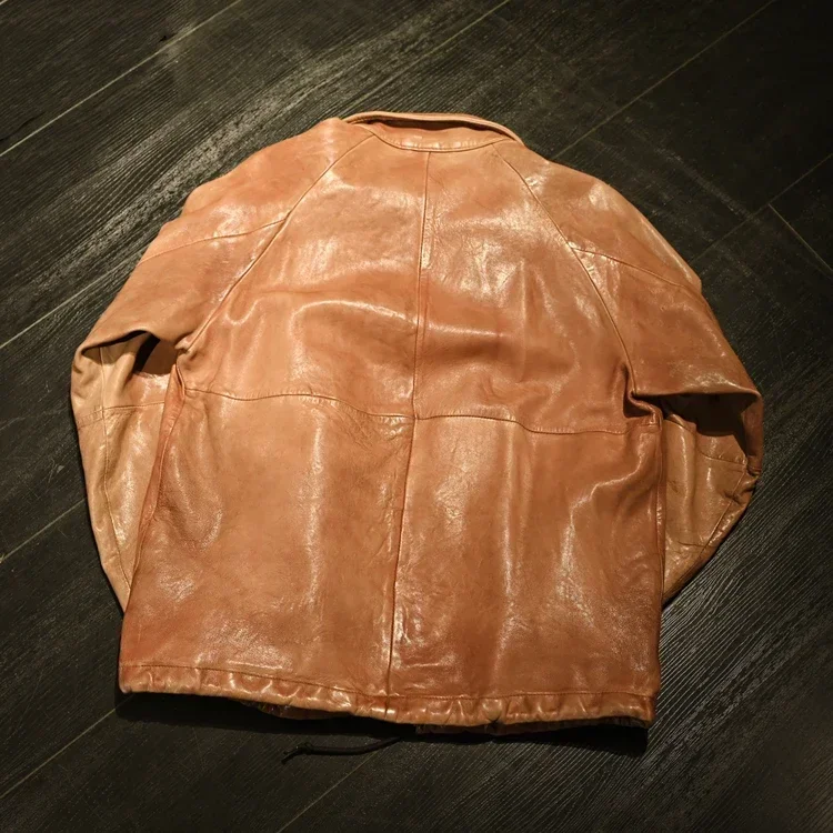 Genuine Leather Jacket Men Vintage Loose Fit Training Suit Washed Old Fully Vegetable Tanned Sheepskin Coat Large Mens Jacket FC