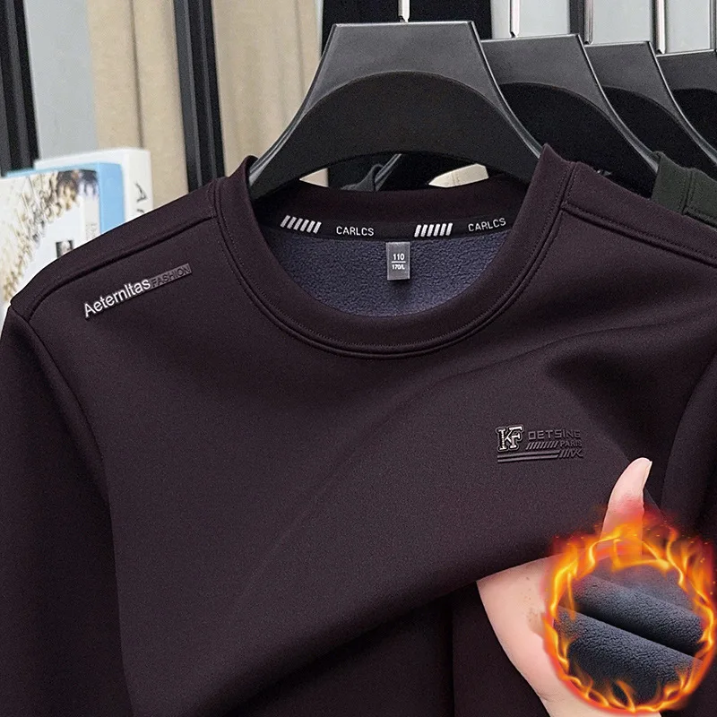 Men's Winter Fleece Sweatshirt Thick Warm Crewneck Pullover Solid Color Casual Long Sleeve Tops O-Neck Basic Thermal Jumper Male