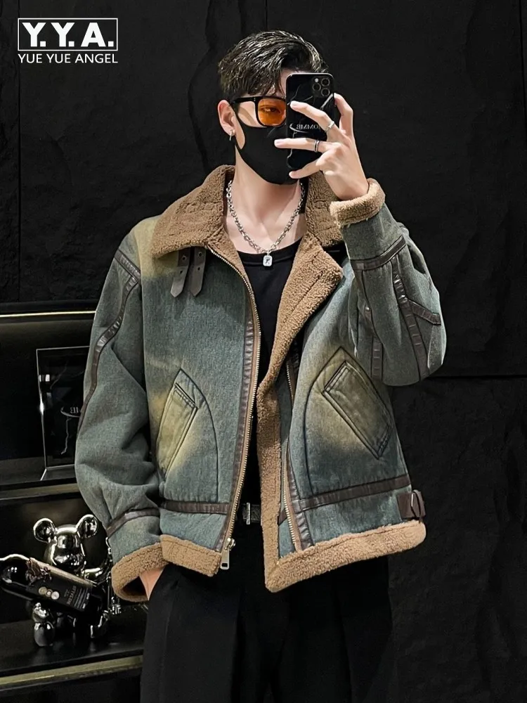 Winter Mens Denim Jacket Zipper Warm Faux Lambswool Liner Vintage Streetwear Casual Motorcycle Short Coat Loose Fit Outerwear