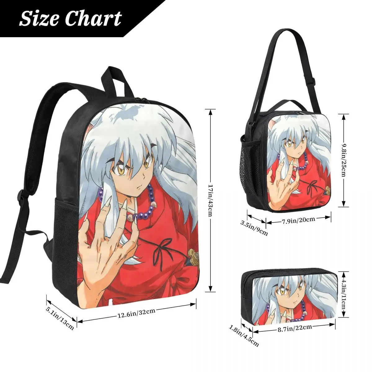 Inuyasha Anime Backpack Boys Girls BookBag School Bag Computer Shoulder Bags 3ps Insulated Lunch Bag Pencil Case