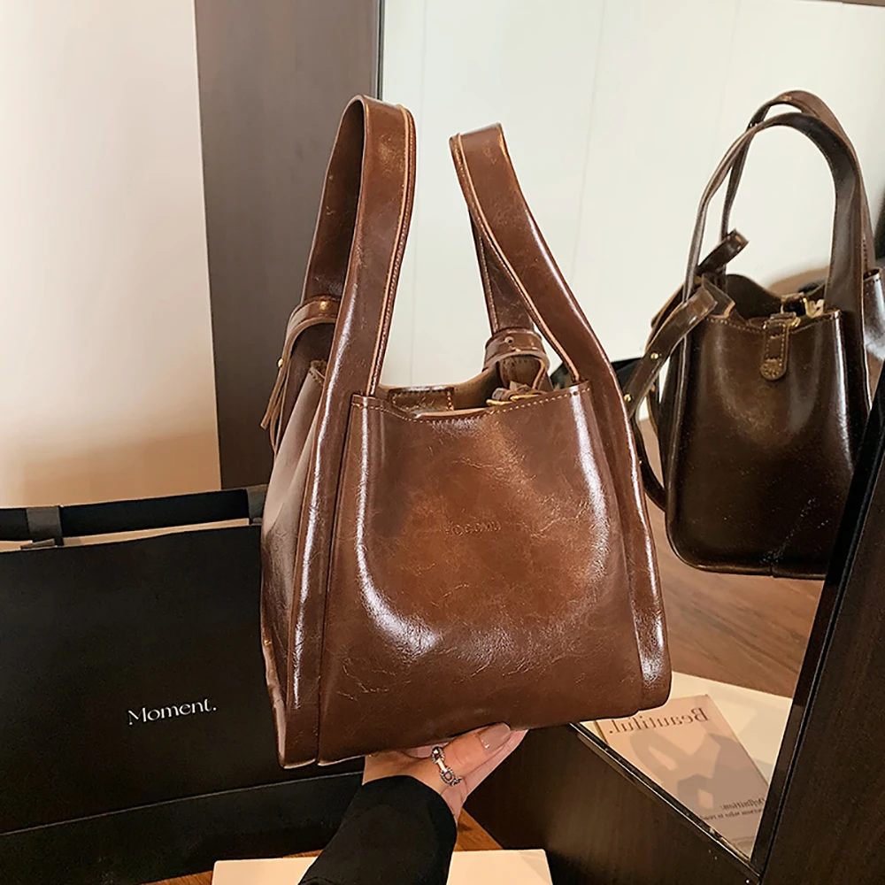 Vintage Texture Large Capacity Crossbody Bag Women's High Grade Pu Solid Color Bucket Handbags Commute All-Match Composite Bags