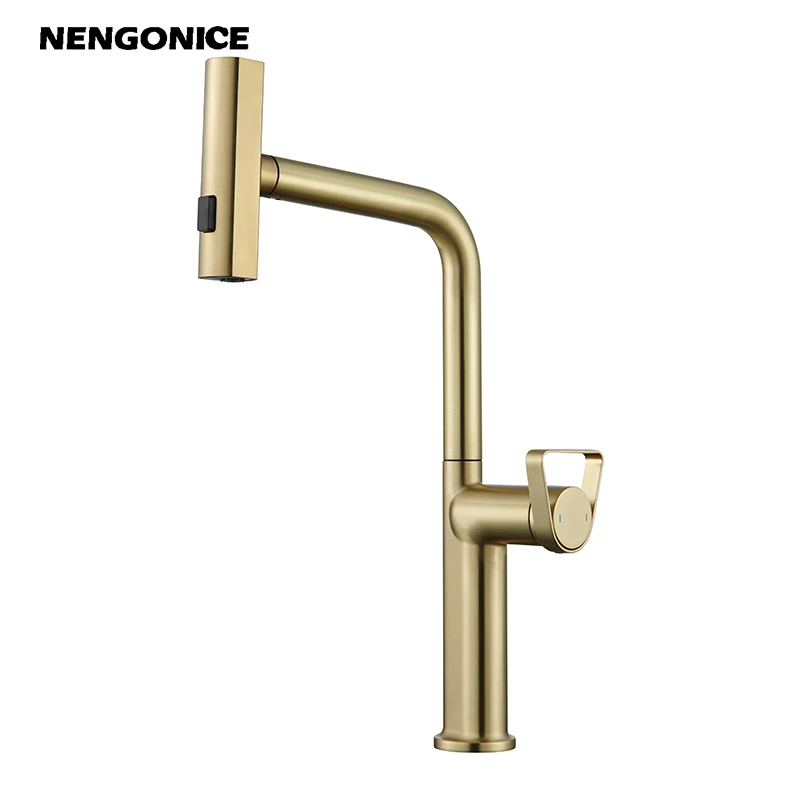 Kitchen hot and cold faucet with brushed gold surface kitchen sink faucet pull-out faucet single hole raindance waterfall type