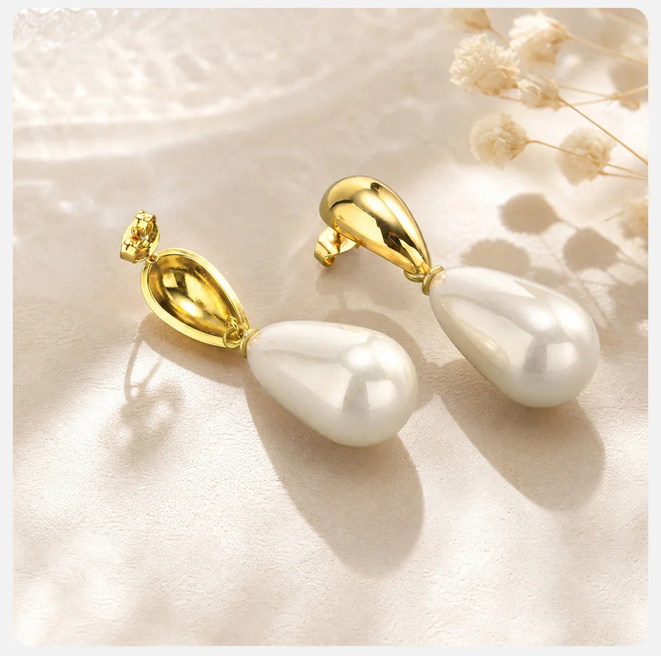 Vnox Exquisite Imitationsperlen-Ohrhänger für Damen, vergoldeter Edelstahl, tropfenförmige Ohrringe, Hochzeit, Party, Ohrschmuck – Detail 6