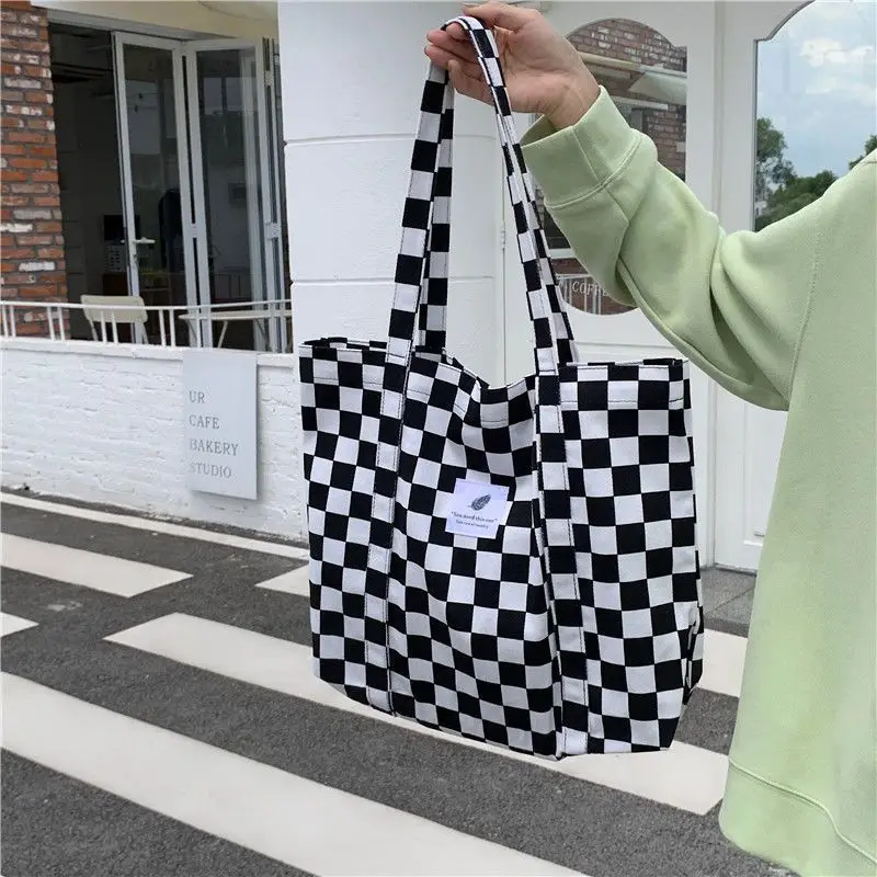 Bolso de mano con estampado a cuadros en blanco y negro para mujer, bolsos de hombro tipo shopper, bolso de mano de diseñador, bolso de lona a la moda