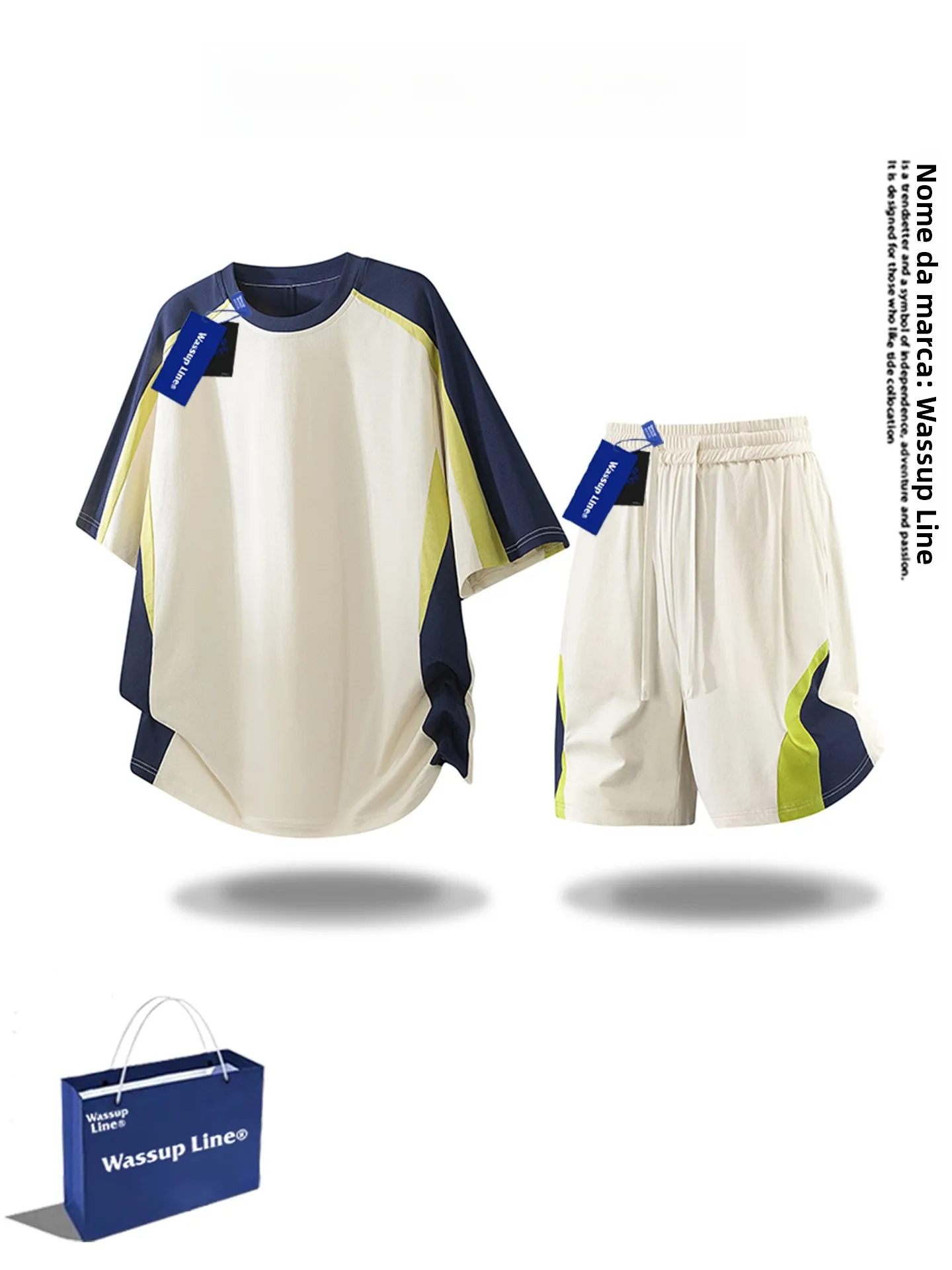 ワッサップライン-ルーズフィット-スポーツウェアセット-メンズ-サマー-ラウンドネック-半袖tシャツ-五分丈パンツ-アイスセンセーション-ツーピースセット