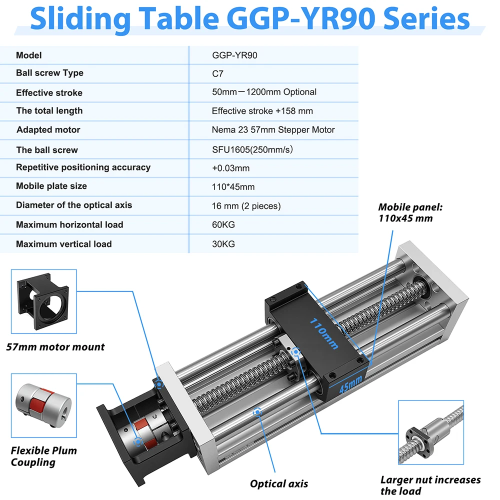 90mm Width CNC Linear Guide Rail  High Quality BallScrew Sliding Table SFU1605/1610 50-1200mm Premium Linear Actuator 60KG Load